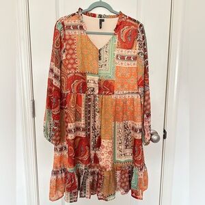 Women Rust Orange & Musturd Yellow Bohemian Patchwork Puff Sleeves Size S Dress